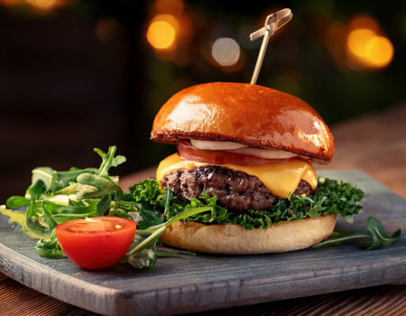 Delicious cheeseburger on a wooden board with arugulaの素材