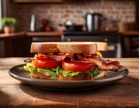 Sandwich with bacon, tomato and lettuce on wooden table in kitchenの素材
