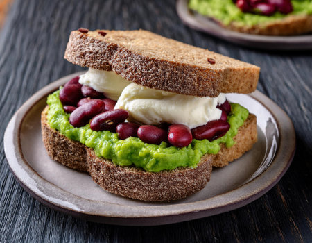 Sandwiches with guacamole and red beans on a plate close-up. horizontalの素材
