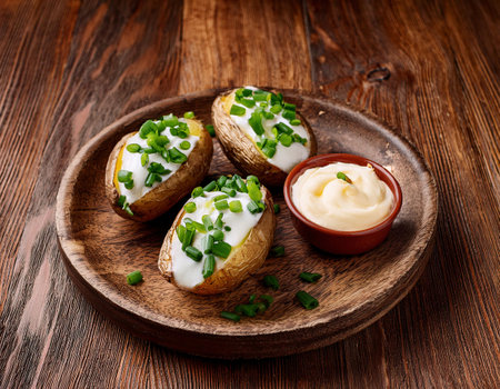 Baked potatoes with sour cream and green onions on a wooden backgroundの素材