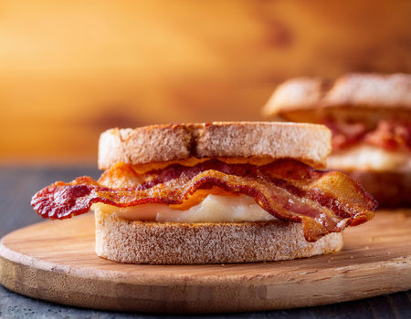 Bacon and cheese sandwich on wooden cutting board, selective focus.の素材
