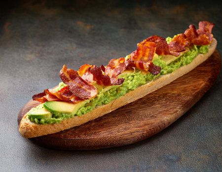 Toasted baguette with guacamole and bacon on dark backgroundの素材