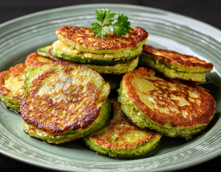 Zucchini fritters with parsley on a plate.の素材