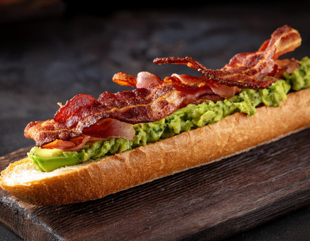 Toasted baguette with bacon and avocado on a dark backgroundの素材