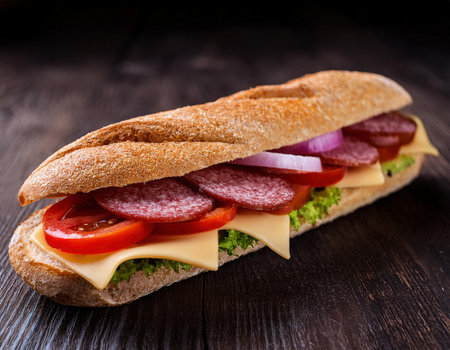 Sandwich with salami, cheese, tomato and onion on wooden backgroundの素材