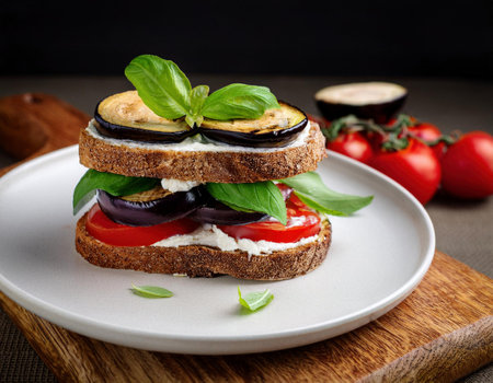 Grilled eggplant, tomato and mozzarella sandwich with basilの素材
