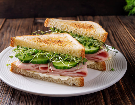 Sandwich with ham, cucumber and microgreens on wooden backgroundの素材