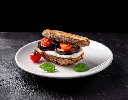 Sandwich with eggplant, tomato and cheese on a black backgroundの素材