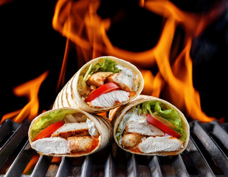 Tortilla wraps with chicken meat and vegetables on fire flames backgroundの素材