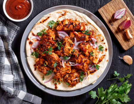 Chicken tikka masala with onion and pita bread, top viewの素材