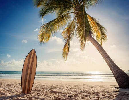 Surfboard on a tropical beach with palm trees and blue skyの素材