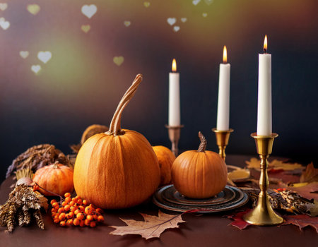 Autumn still life with pumpkins, candles and leaves on dark backgroundの素材