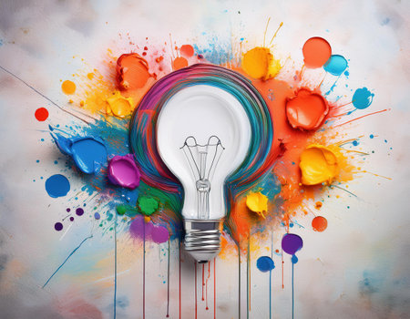 Lightbulb and colorful paint splashes on a white background.の素材