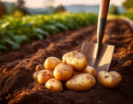 Freshly dug potatoes with a shovel on the field. Selective focus.の素材