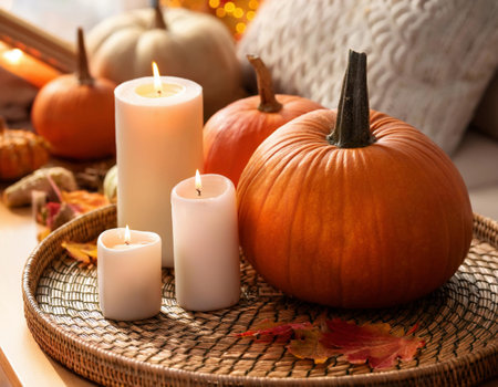 Autumn composition with pumpkins and candles on a wicker trayの素材