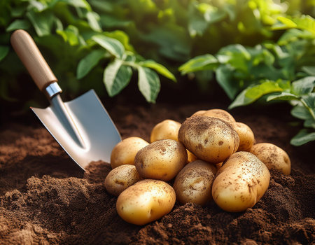 Potatoes in soil with shovel. Harvesting potatoes in garden.の素材