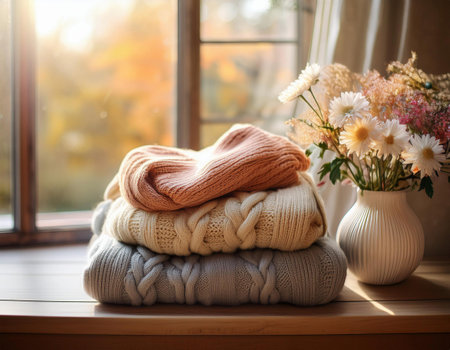 Pile of knitted sweaters on the windowsill. Autumn backgroundの素材