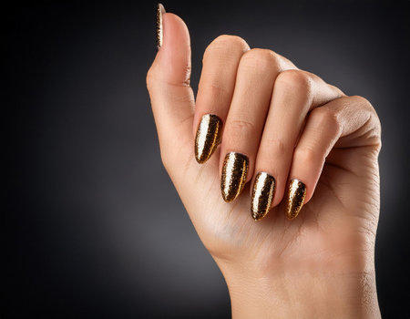 Female hand with golden nail design. Glitter gold nail polish manicure on black background.の素材