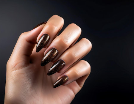 Female hand with brown nail design. Glitter nail polish manicure.の素材