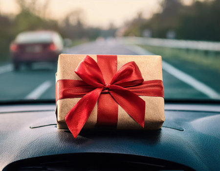 Gift box with red ribbon on the back seat of the carの素材