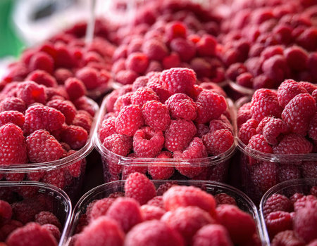Fresh raspberries in plastic boxes on the counter of the marketの素材