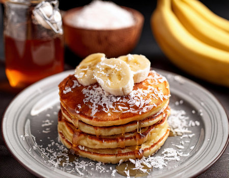 Pancakes with banana, honey and coconut on a black backgroundの素材