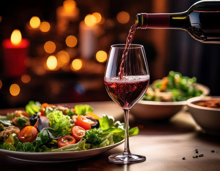Pouring red wine from bottle into glass with salad on table in restaurantの素材