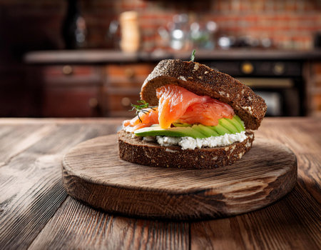 Sandwich with cream cheese, salmon and avocado on a wooden boardの素材