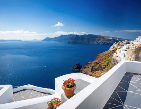 White architecture on Santorini island, Greece. Beautiful landscape with sea viewの素材