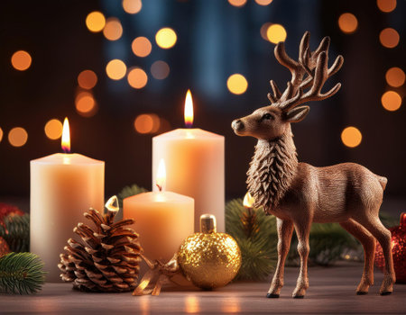 Christmas and New Year background with candles, bokeh and deerの素材