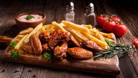 Fried chicken wings with french fries and sauce on wooden board.の素材