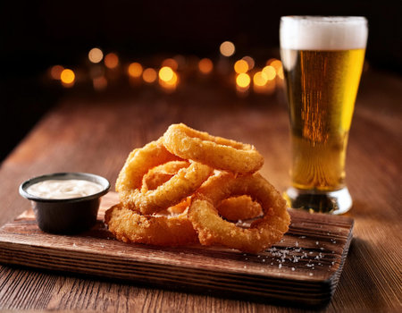 Fried onion rings with mayonnaise and beer on wooden boardの素材