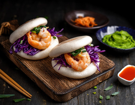 Crispy prawns on a bun with mayonnaise and red cabbageの素材