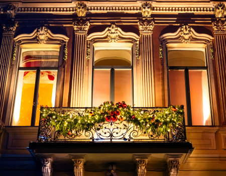 Christmas decoration on the balcony of an old building in Vienna, Austriaの素材