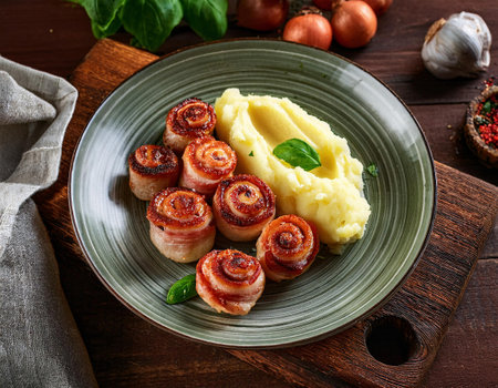 Grilled sausages wrapped in bacon with mashed potatoes and fresh basilの素材