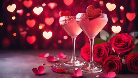 Valentine's day greeting card. Two glasses of champagne with red roses on bokeh backgroundの素材