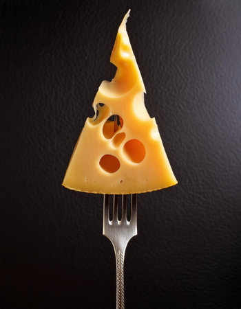 A triangle of Maasdam cheese with large holes on a metal fork. Black background.の素材