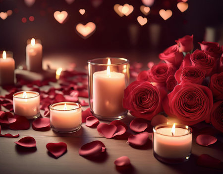 Valentines day background with red roses and candles on dark backgroundの素材