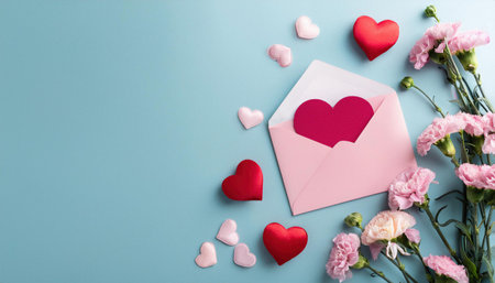 Valentine's day background with pink envelope, hearts and flowers on blue background. copy spaceの素材