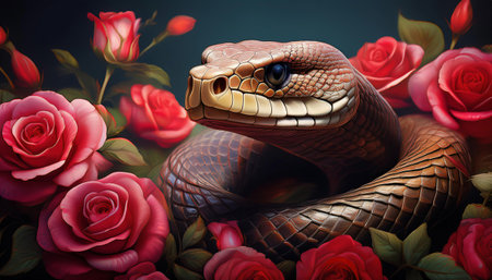 A charming scene of a king cobra nestled amid romantic roses, blending mystery with beauty.の素材