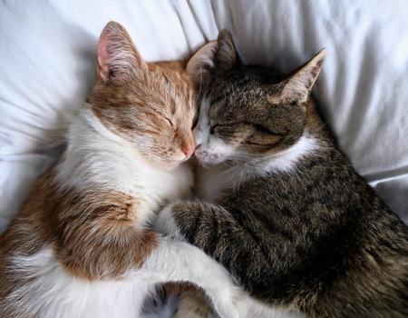 Two cats sleeping together on white bed, closeup. domestic animalsの素材