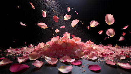 Pink rose petals fall to the floor on black background with copyspaceの素材