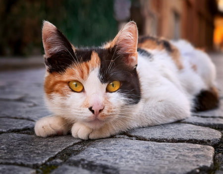 Cat lying on a stone floor in the street, close-upの素材