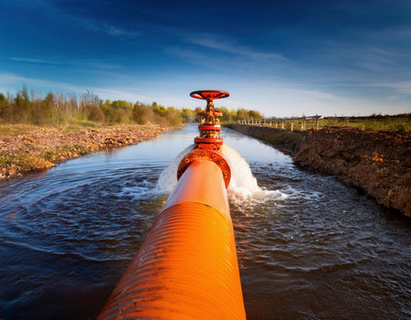 Pipeline on the water in the field. Water supply.の素材
