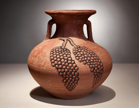 Ancient earthenware vase with grapes on a gray backgroundの素材