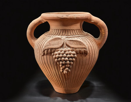 Clay jug made of clay with a pattern on a black backgroundの素材