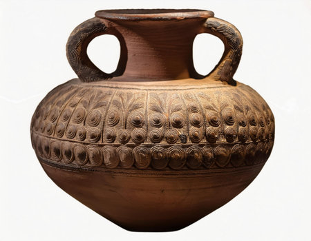 Ancient Greek amphora isolated on white background, closeup of photoの素材