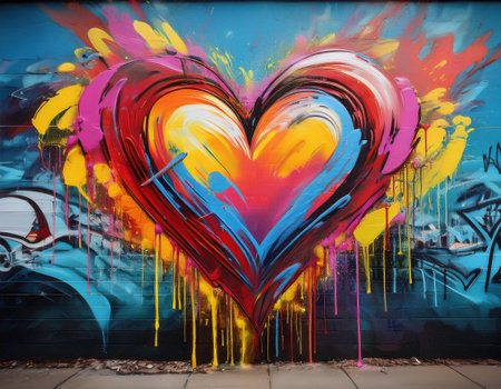 Colorful heart graffiti painted on a wall. Street art concept.の素材