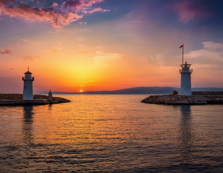 Lighthouse at sunset on the Adriatic Sea in Croatia.の素材