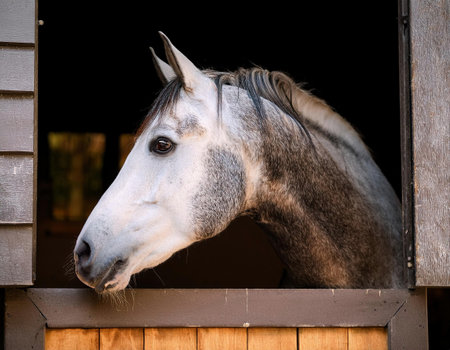 Portrait of a horse in a stable on the black background.の素材